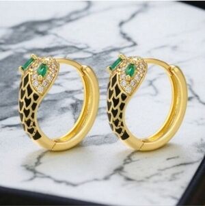 18k Gold 925 Vermeil Snake Serpent Enamel Zircon Crystal Hoop Earrings